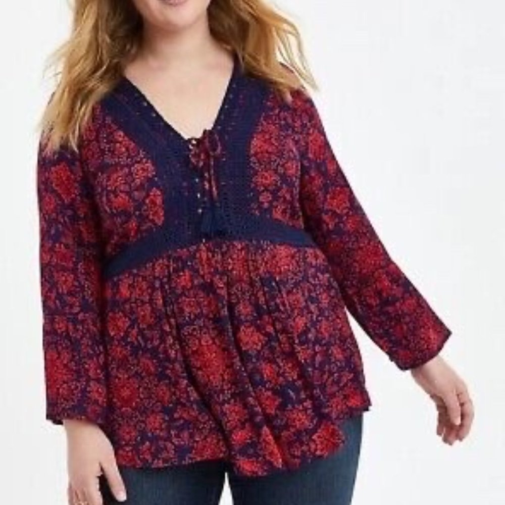 Torrid Floral Boho 3/4 Sleeve Deep V-Neck Lace and Tassle Accent Top- Size 0X - Picture 1 of 10